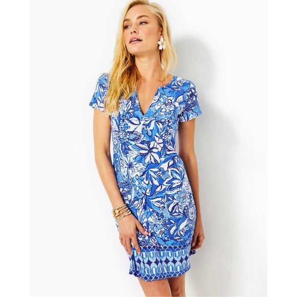 Lilly Pulitzer UPF 50+ Sophiletta Short Sleeve Dress, Blue Tang Flocking Fab, L - Picture 9 of 13